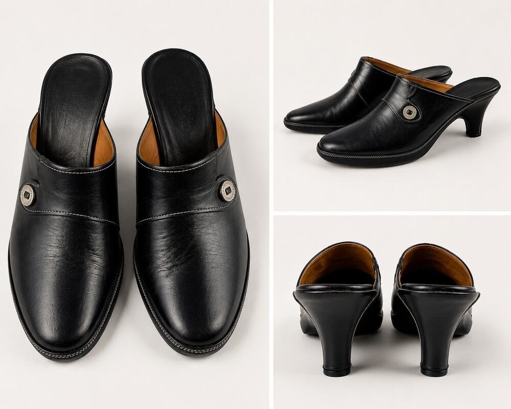 Cole Haan Black Leather Mules Women’s 8AA Heels Slip On Silver Hardware Brazil